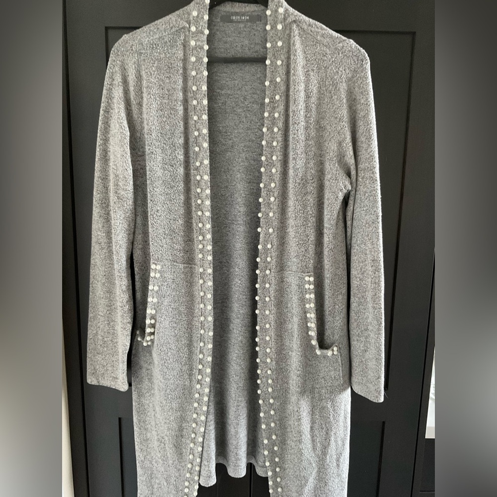 💜💕 Anthropologie Coin 1804 Gray Pearl Trim Long Cardigan Sweater | Size S